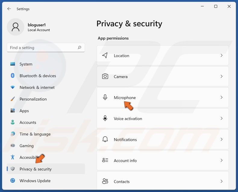 Select the Privacy & security panel and select Microphone
