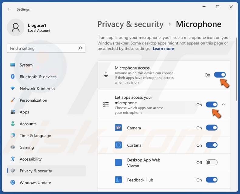 Toggle on Microphone access and Let apps access your microphone