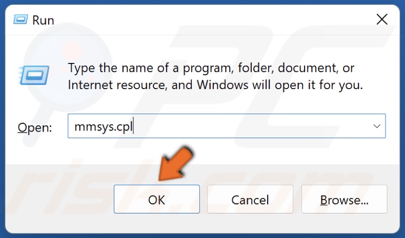 Type in mmsys.cpl in Run and click OK
