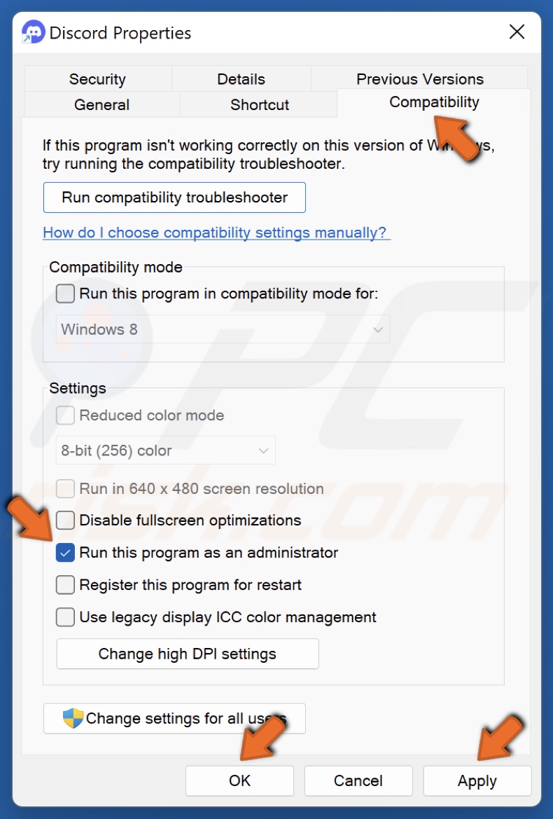 Select the Compatibility tab and mark Run this program as an administrator checkbox