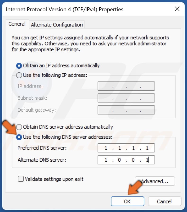 Enter new Preferred and Alternate DNS server addresses