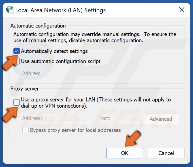 Unmark the Use a proxy server for your LAN checkbox and mark Automatically detect settings checkbox and click OK