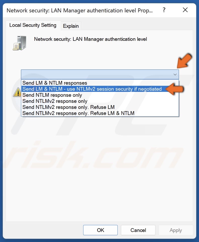 Open the drop-down menu and select Send LM & NTLM-use NTLMv2 session security if negotiated