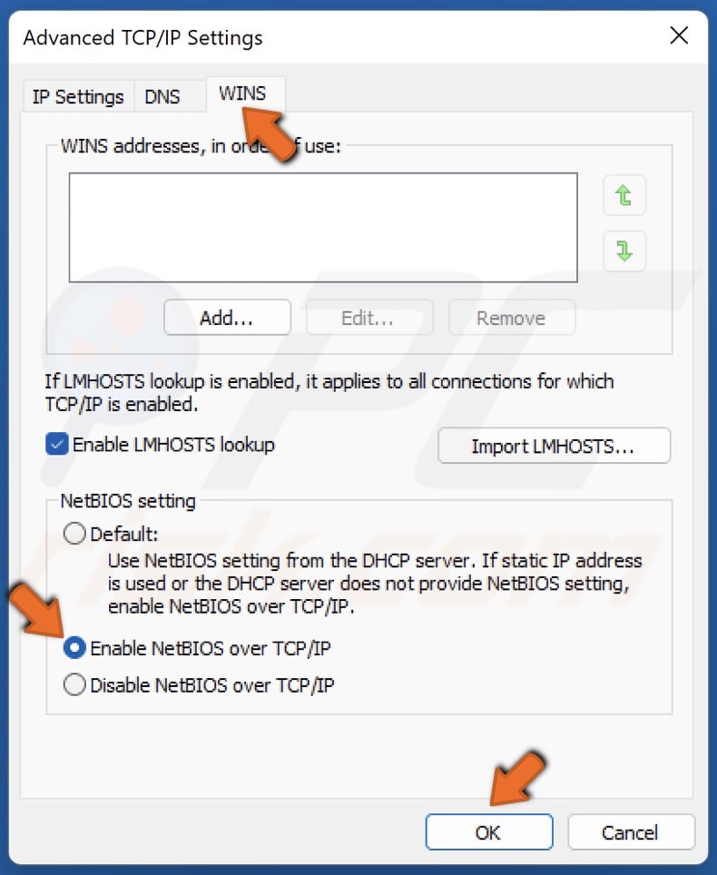 Select the WINS tab, tick Enable NetBIOS over TCP/IP, and click OK