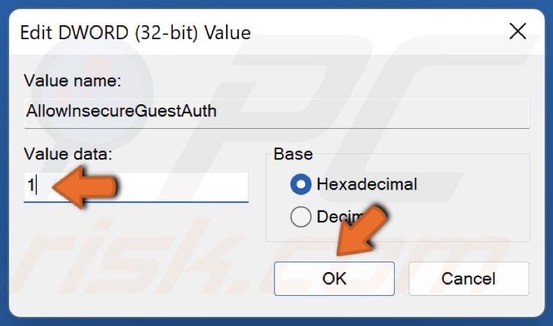 Set the AllowInsecureGuestAuth value data to 1 and click OK