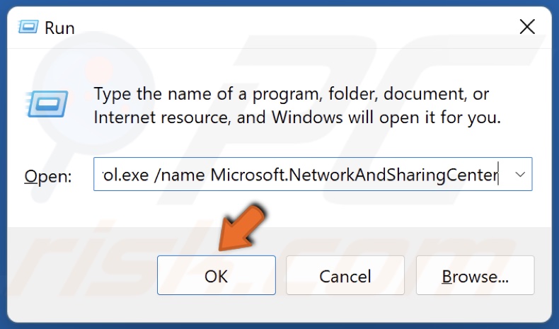 Type in control.exe /name Microsoft.NetworkAndSharingCenter in Run and click OK