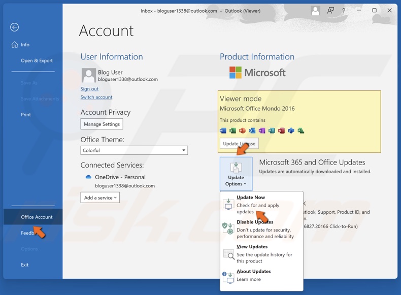 Select Office Account, open the Update Options drop-down menu and click Update Now