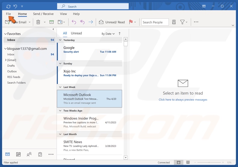 Click File in Outlook's menu bar