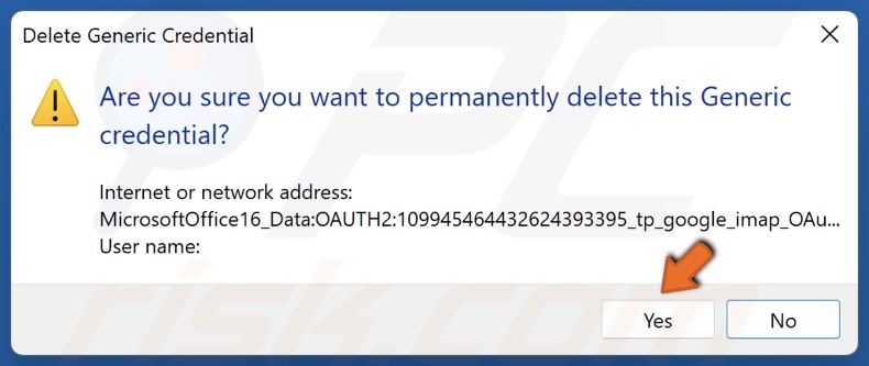 Click Yes to confirm Microsoft Office credentials removal