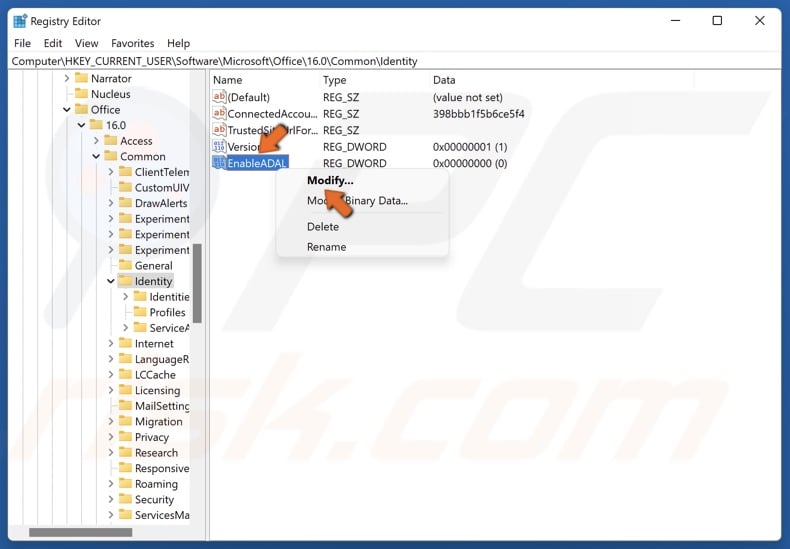 Right-click EnableADAL and click Modify