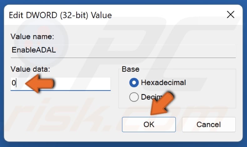 Set the EnableADAL value data to 0 and click OK