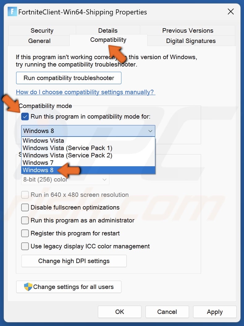 Select the Compatibility tab and Mark the Run this program in compatibility mode for checkbox