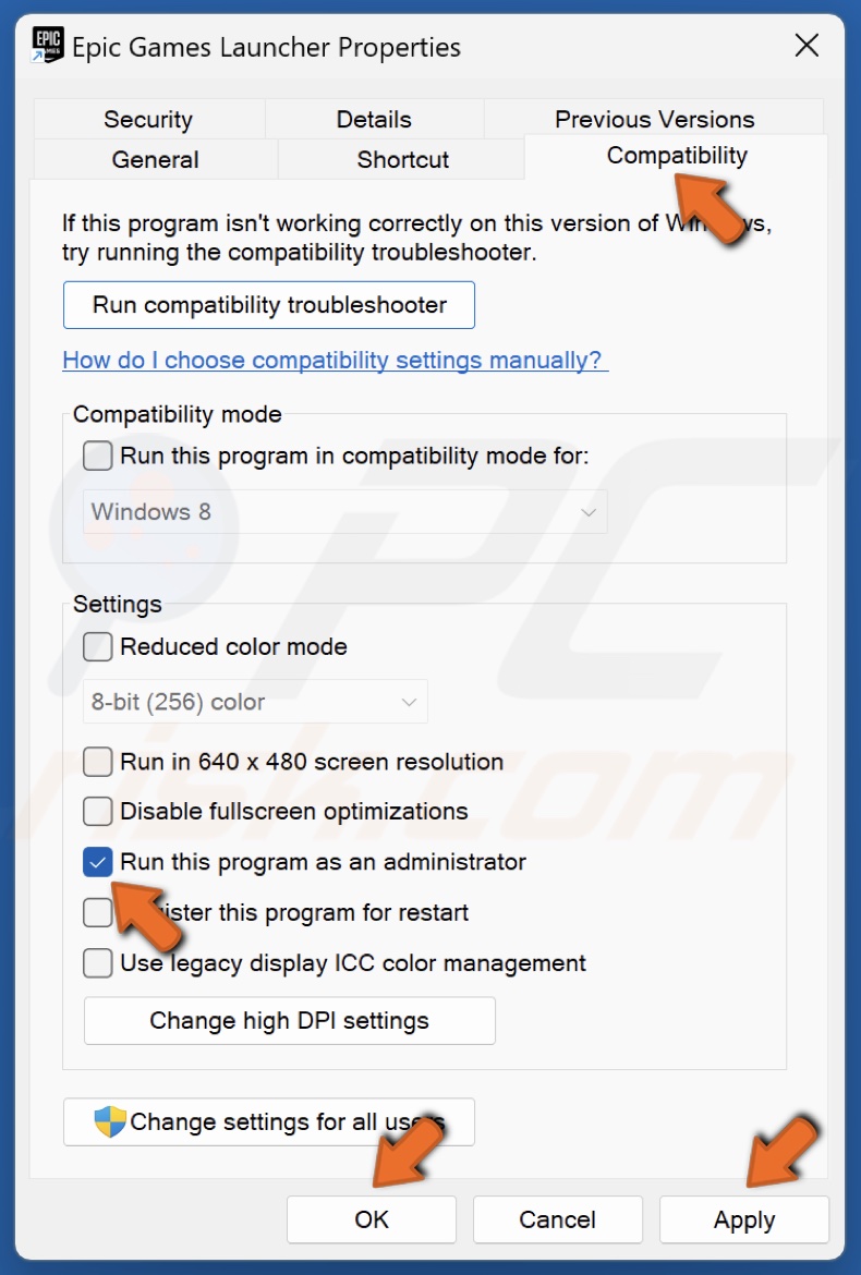 Select the Compatibility tab and mark the Run this program as an administrator checkbox
