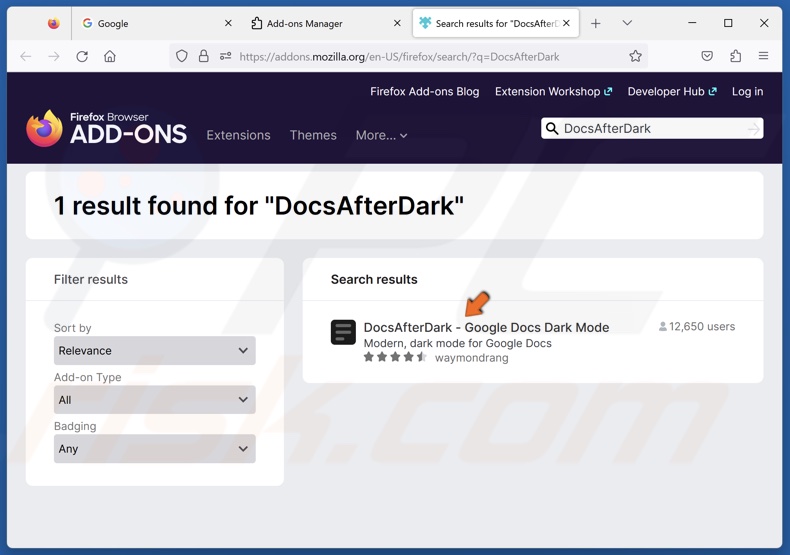Click on DocsAfterDark - Google Docs Dark Mode