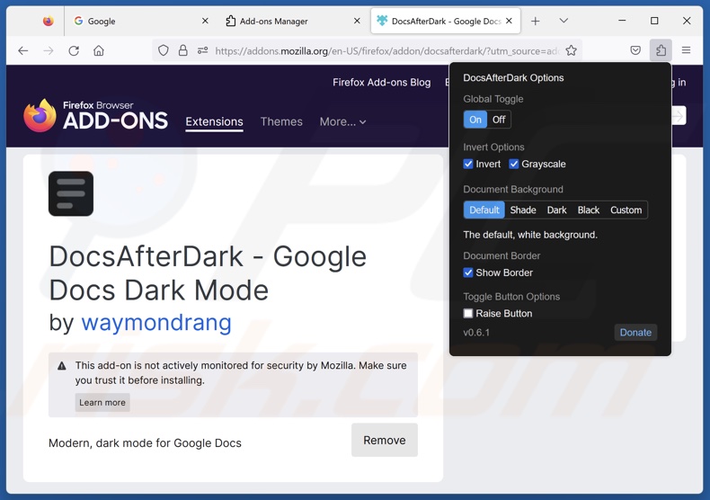 DocsAfterDark Options in Firefox