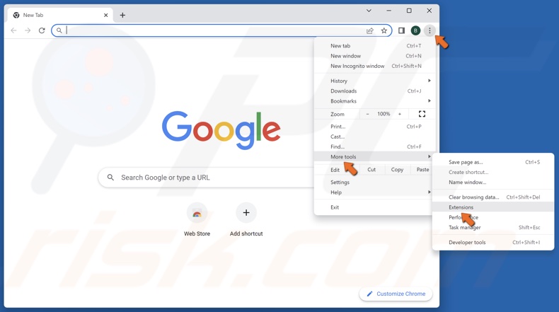 Ope the Chrome menu, select More tools, and click Extensions