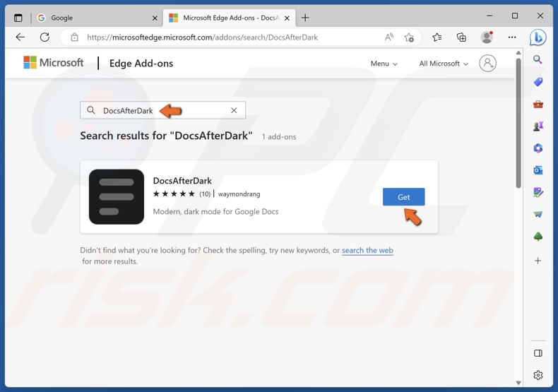Type in DocsAfterDark in the Edge search box and click Get