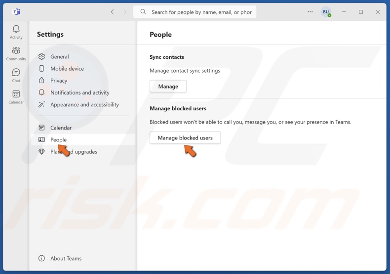 Select the People panel and click Manage blocked users