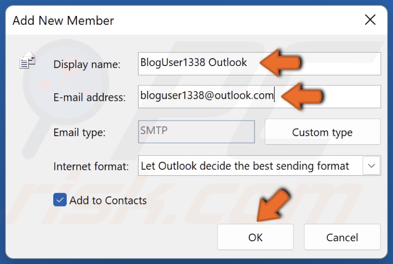 Fill out the display name and Email address fields and click OK