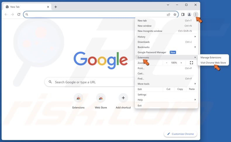 Ooen the Chrome menu, select Extensions and click Visit Chrome Web Store