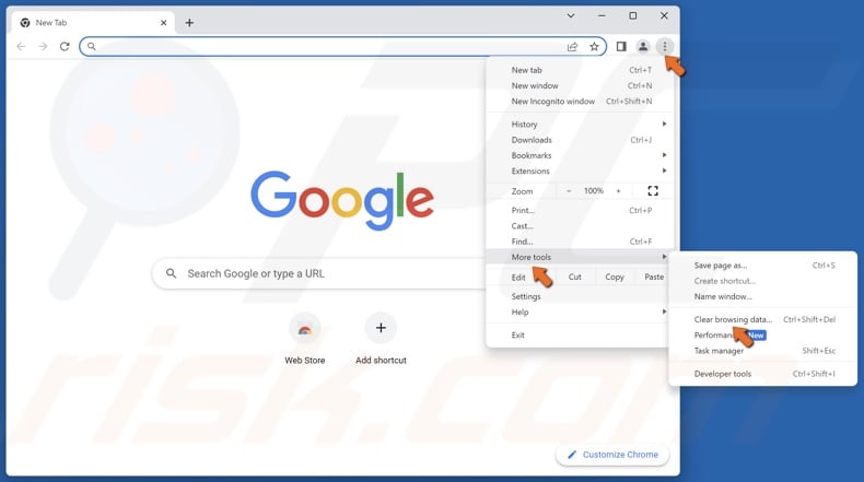Open the Chrome menu, select More tools and click Clear browsing data