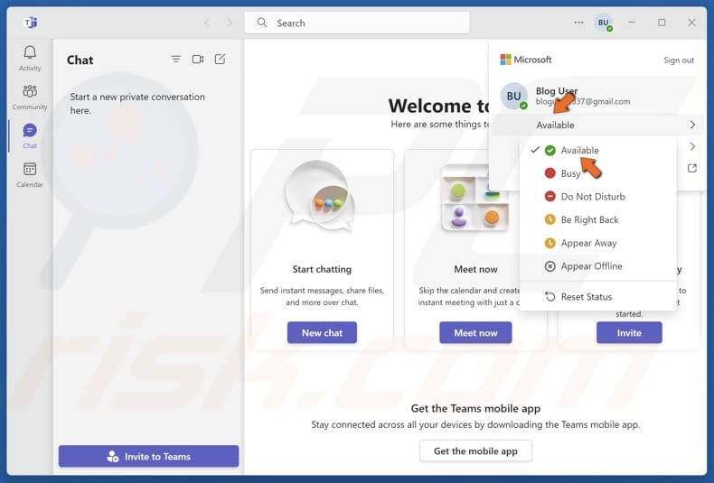 Click on your current status and select Available