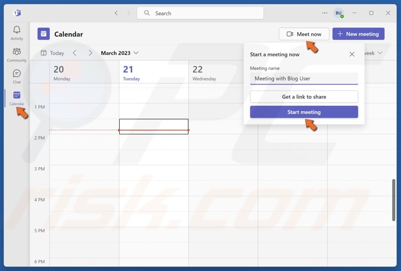 Select Calendar and click Meet now and click Start meeting