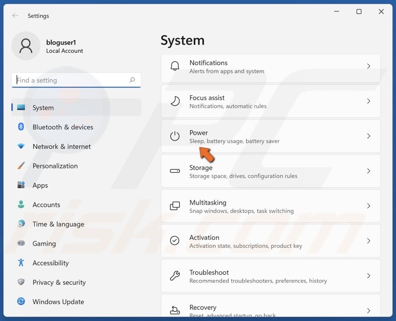 Select Power in the System panel