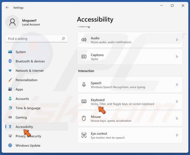 Select the Accessibility panel and click Keyboard
