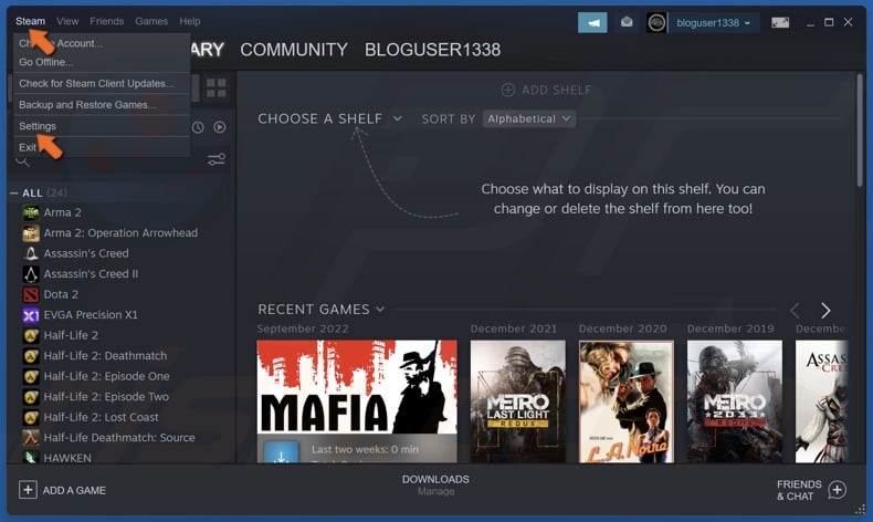Click Steam in the menu bar and click Settings