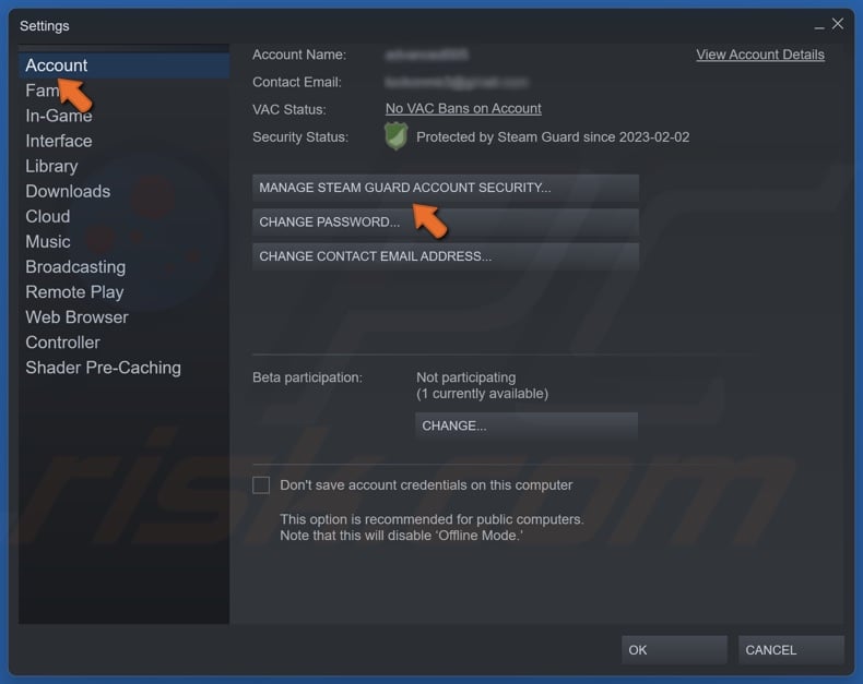 Select the Account panel and click Manage Steam Guard Account Security