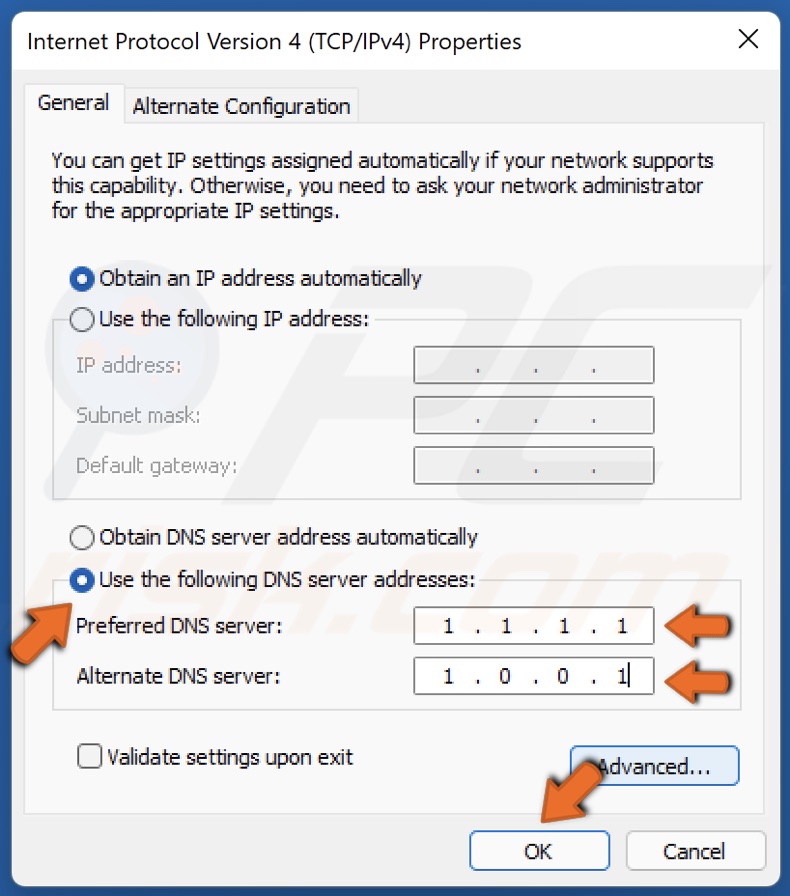 Tick Use the following DNS server addresses and enter new Preferred and Alternate DNS server addresses