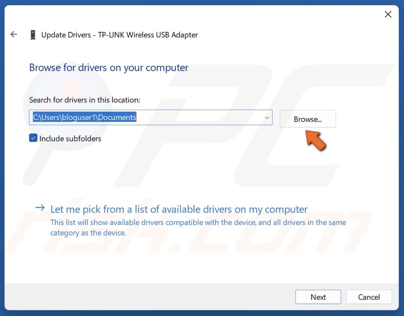 Click Browse and select a driver you downloaded from the hardware vendor’s website