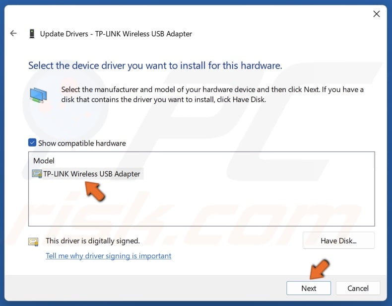 Select a driver from the list of available drivers and click Next