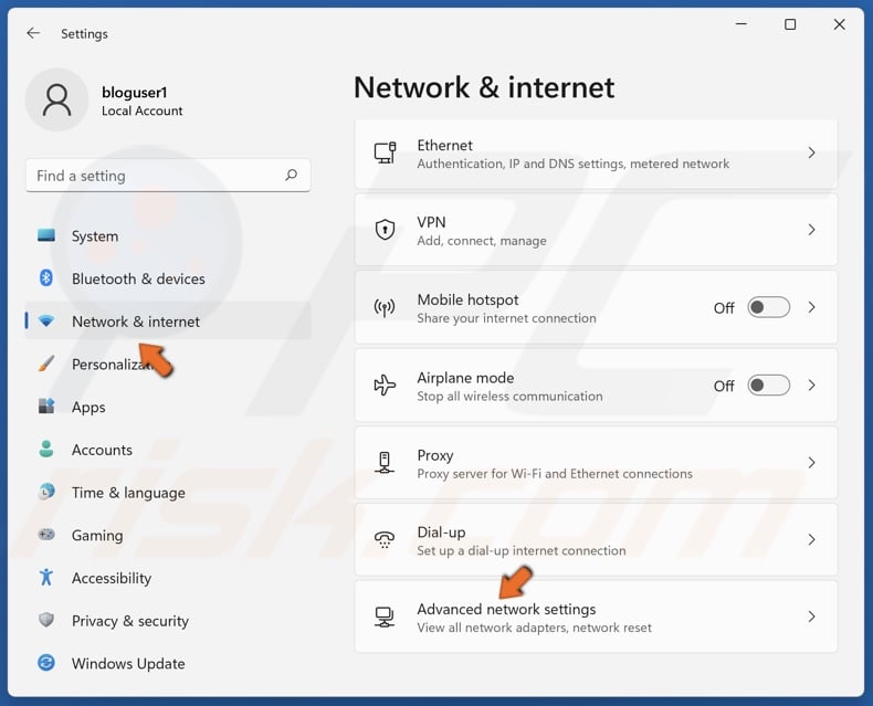 Select the Network & internet panel and click Advanced network settings