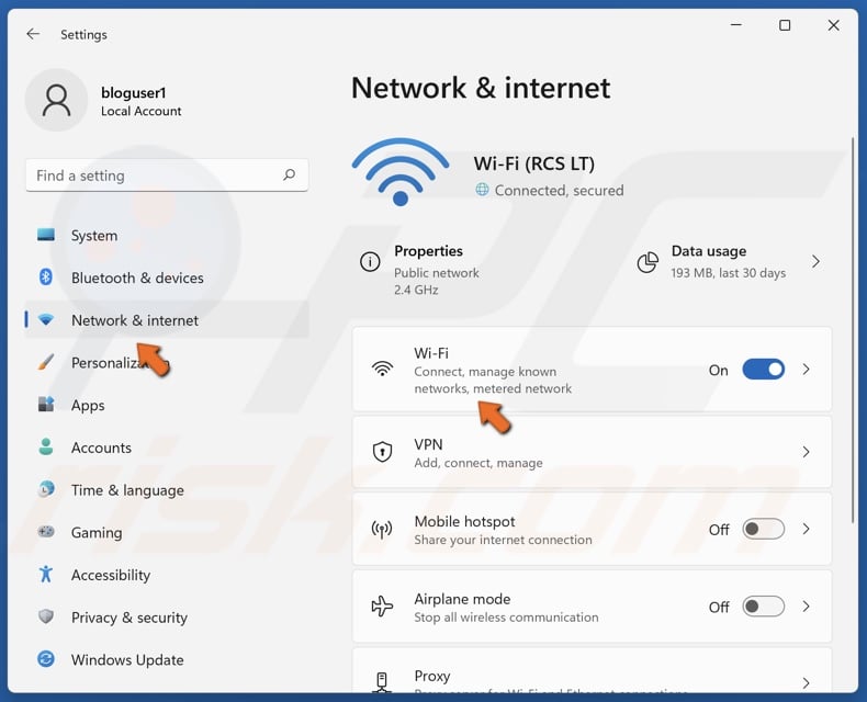 Select the Network & internet panel and click Wi-Fi