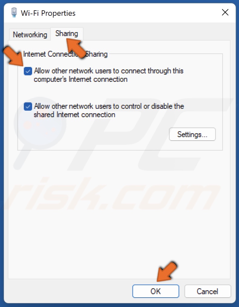 Select the Sharing tab, Mark the Allow other network users to connect through this computer’s Internet connection checkbox and click OK