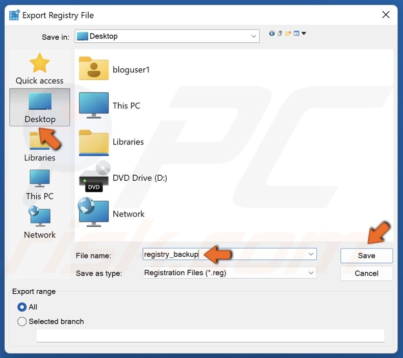 Choose where to save the file, name it registry_backup, and click Save