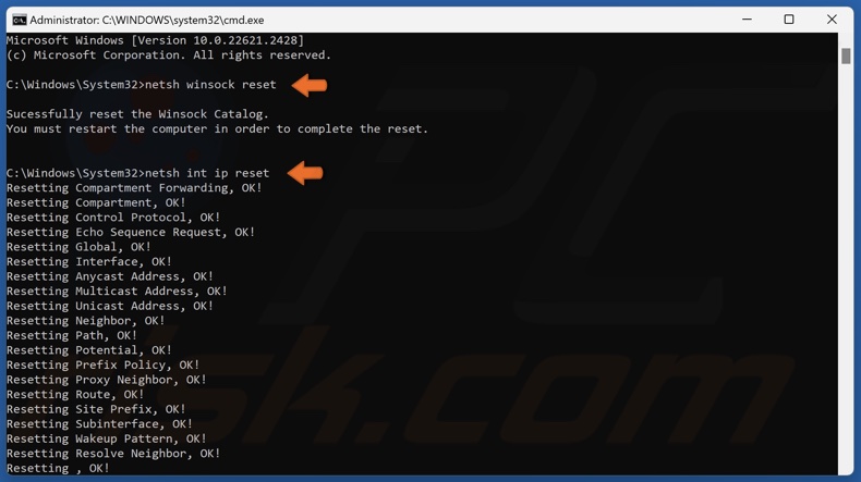 Execute netsh winsock and reset netsh int ip reset commands