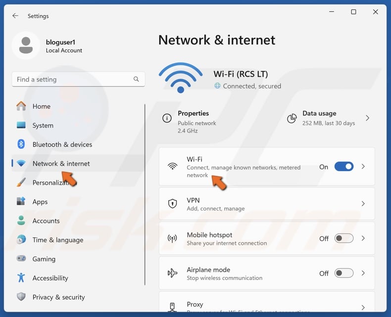 Select the Network & internet panel and click Wi-Fi
