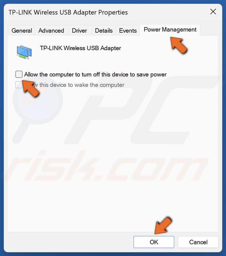 Uncheck the Allow computer to Turn off device to save power option
