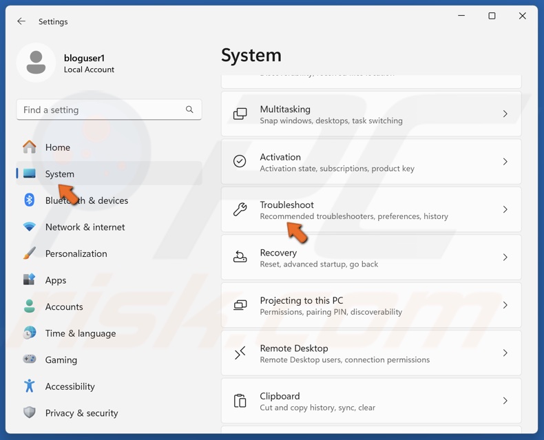 Select the System panel and click Troubleshoot