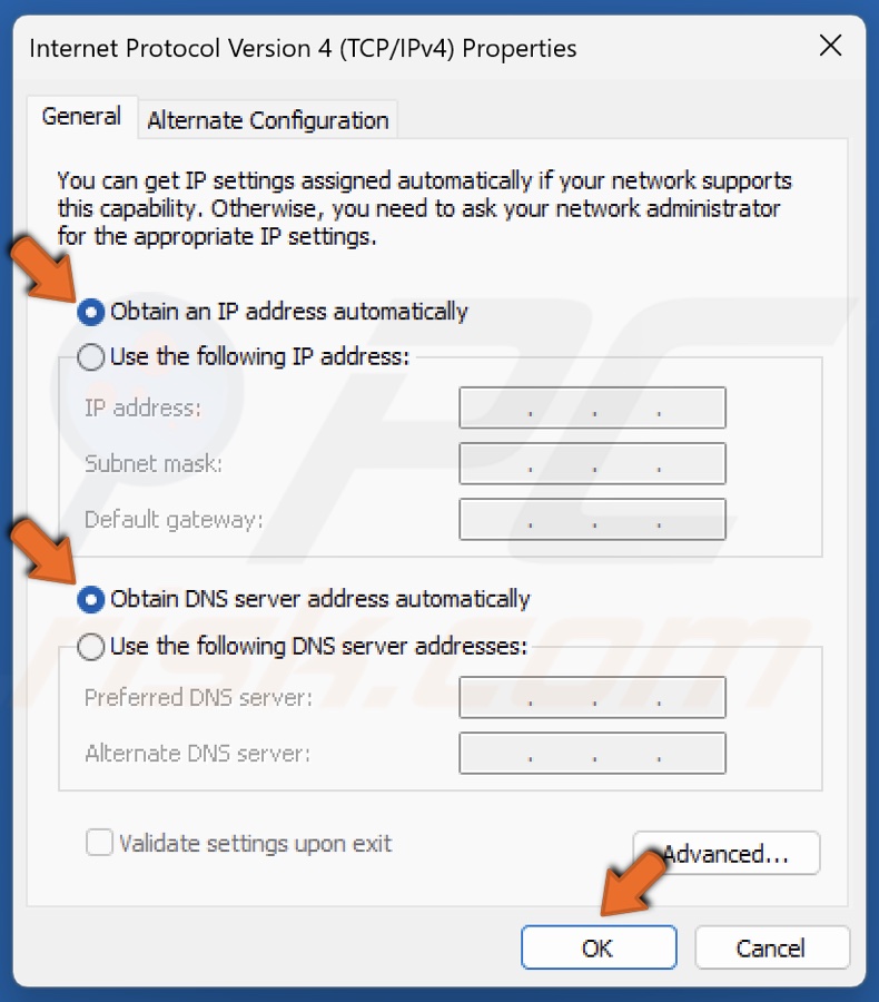 Tick the Obtain an IP address automatically and Obtain DNS server address automatically