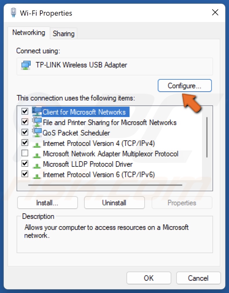 Click Configure in your Internet adapter Properties window