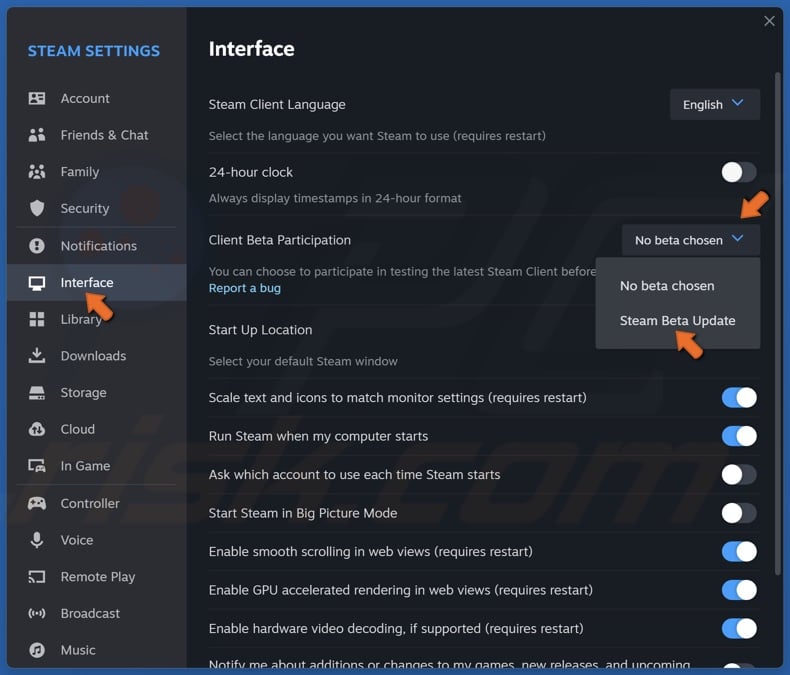Select the Interface panel, open the Client Beta Participation drop-down menu and select Steam Beta update