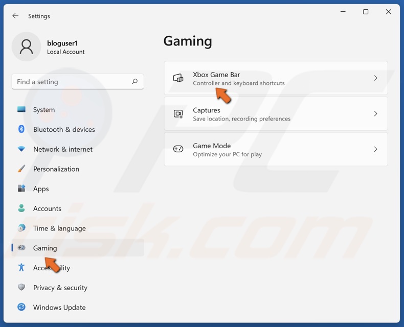 Select the Gaming tab and select Xbox Game Bar