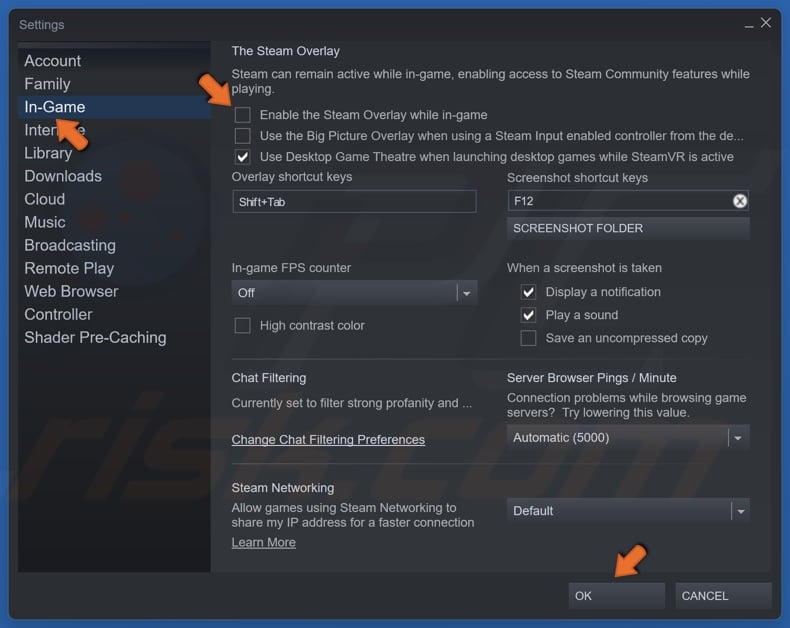 Select the In-Game tab and unmark Enable the Steam Ovverlay while in-game