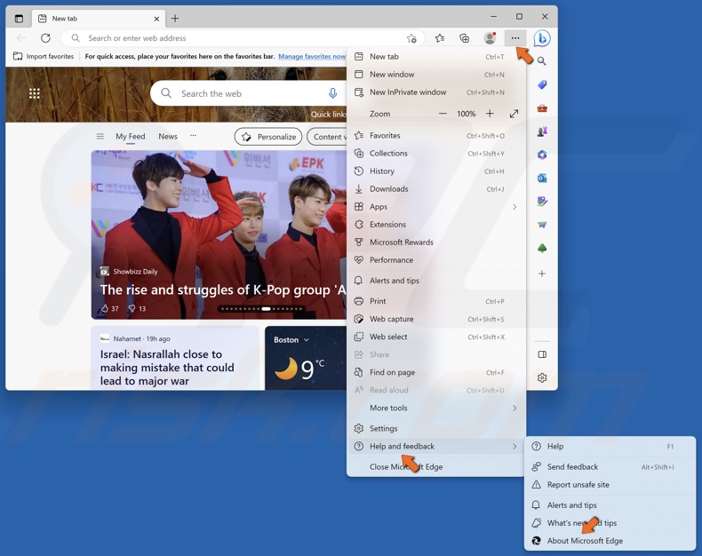 Open the Edge menu, select Help and feedback and click About Microsoft Edge
