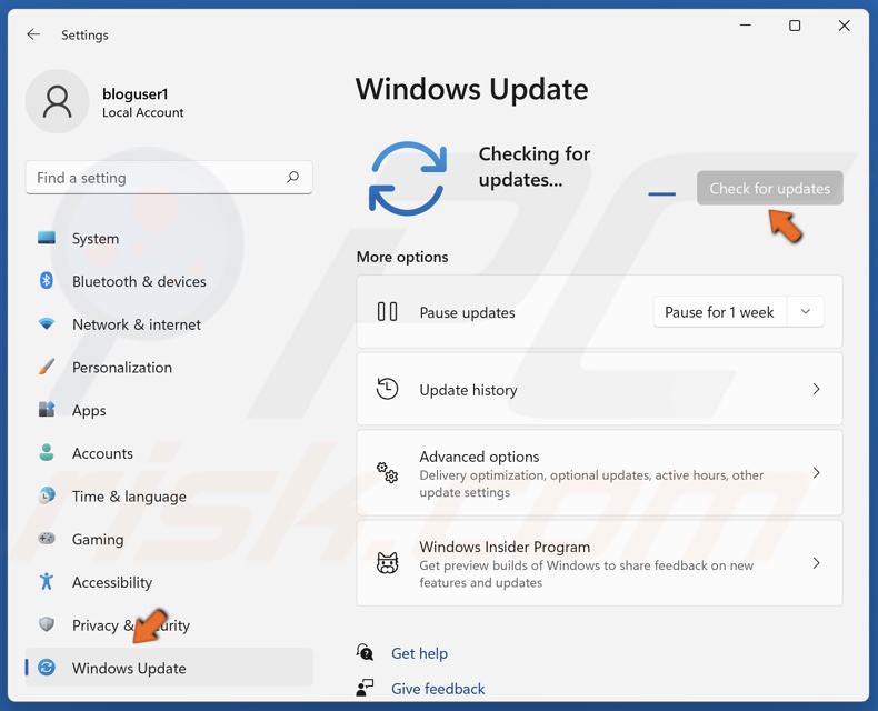 Select the Windows Update panel and click Check for updates