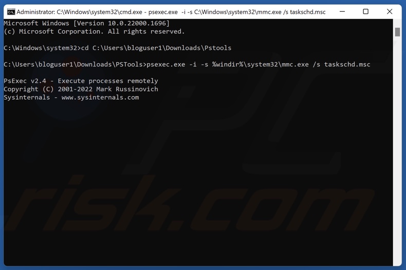 Run the psexec.exe -i -s %windir%system32mmc.exe /s taskschd.msc command
